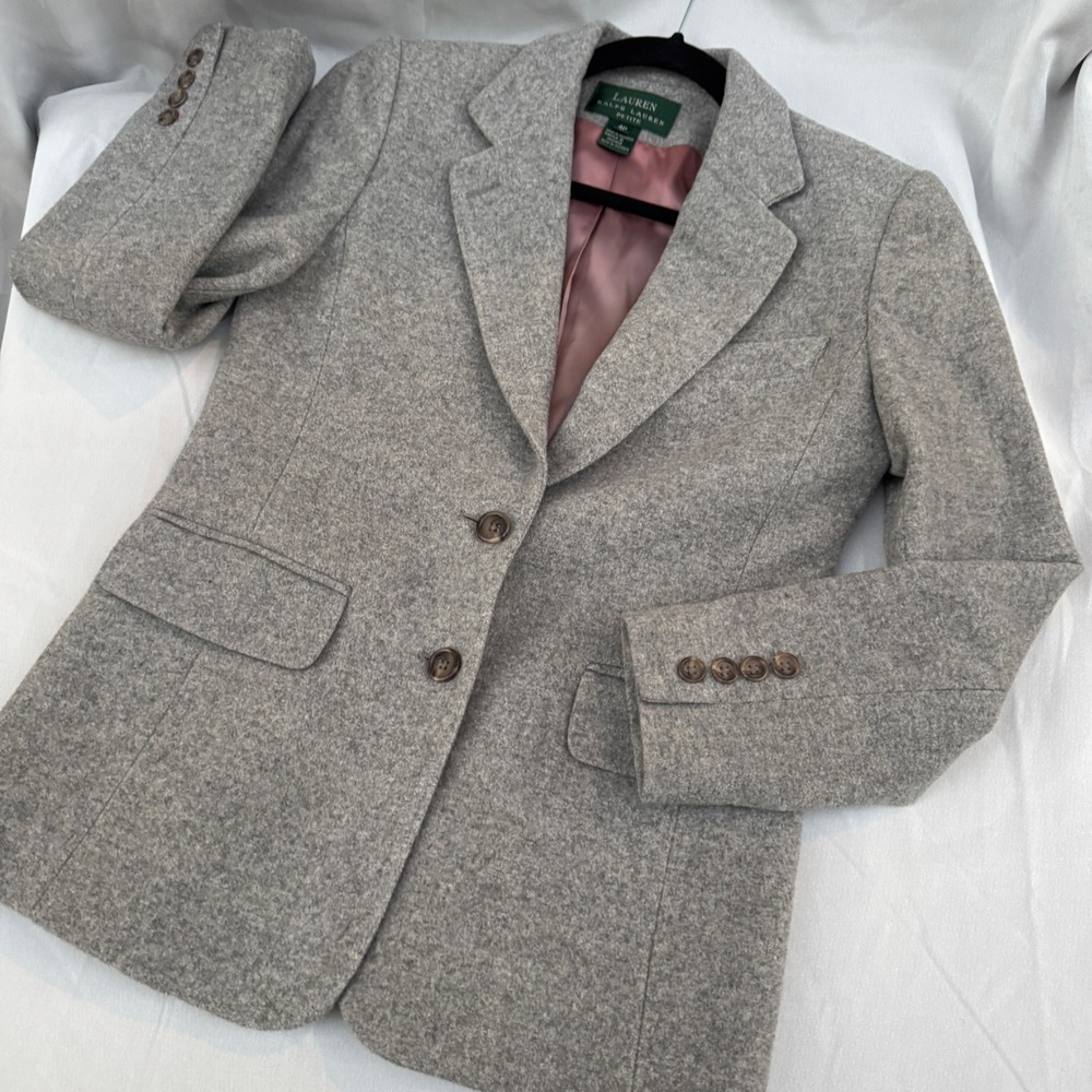 Lauren Ralph Lauren Blazer 4P Gray Wool Cashmere Blend Dark Academia Petite